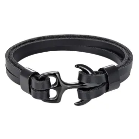 Classy Men Black Leather Anchor Bracelet