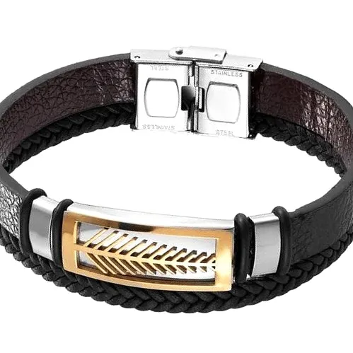 Classy Men Gold Leaf Leather Band Bracelet