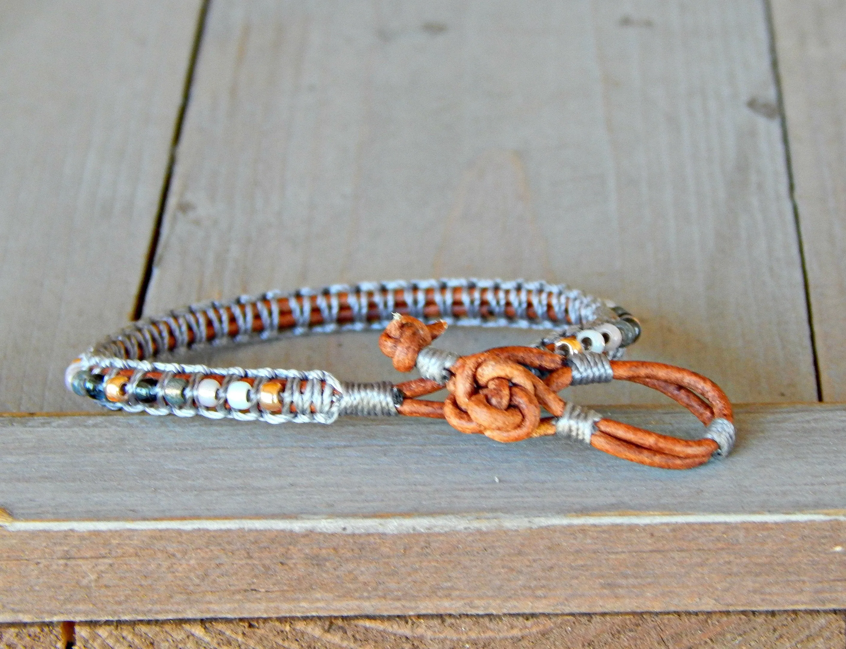 Copper Navy Gray Top Beaded Macrame Woven Leather Stack bracelet