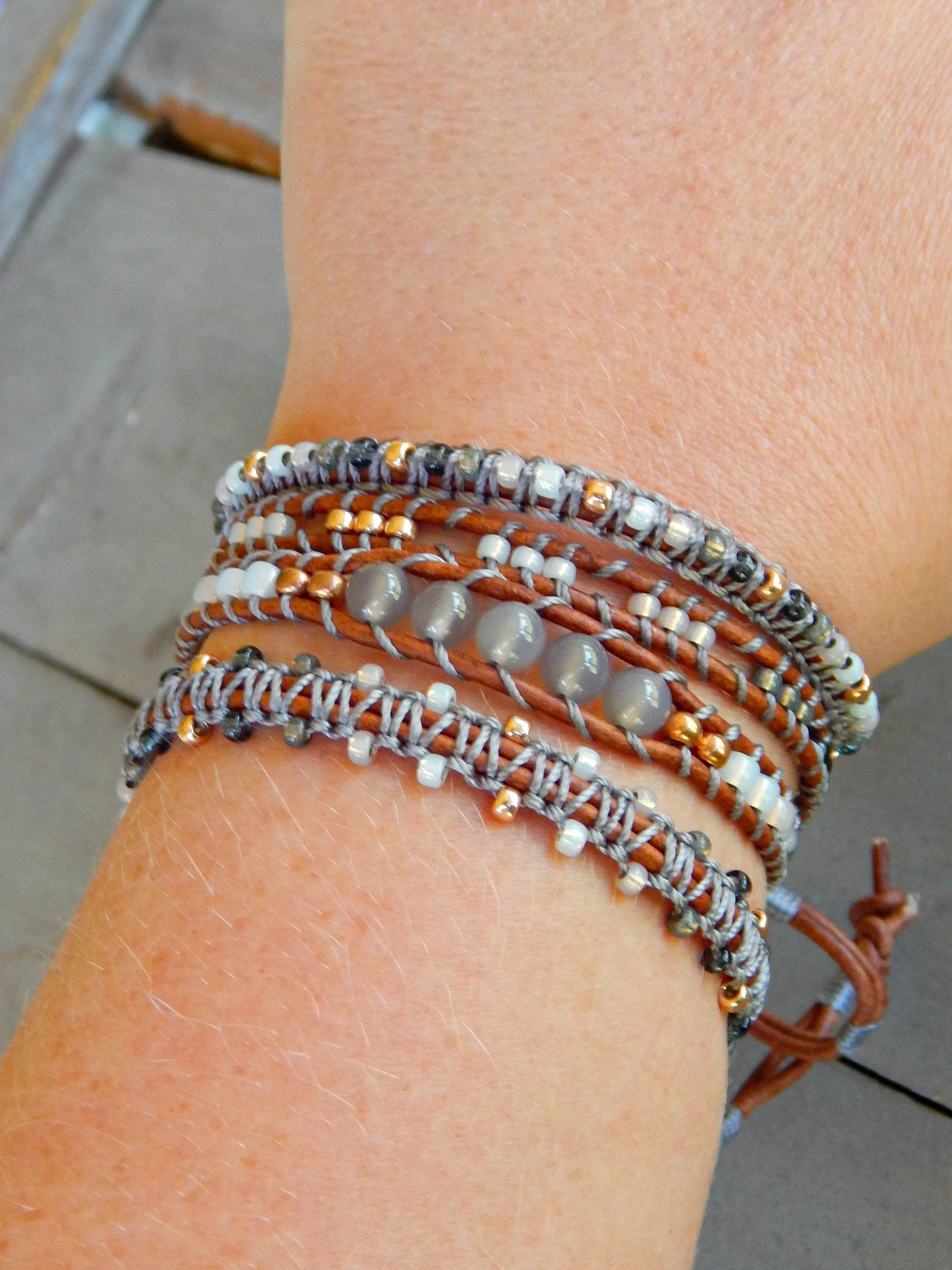 Copper Navy Gray Top Beaded Macrame Woven Leather Stack bracelet