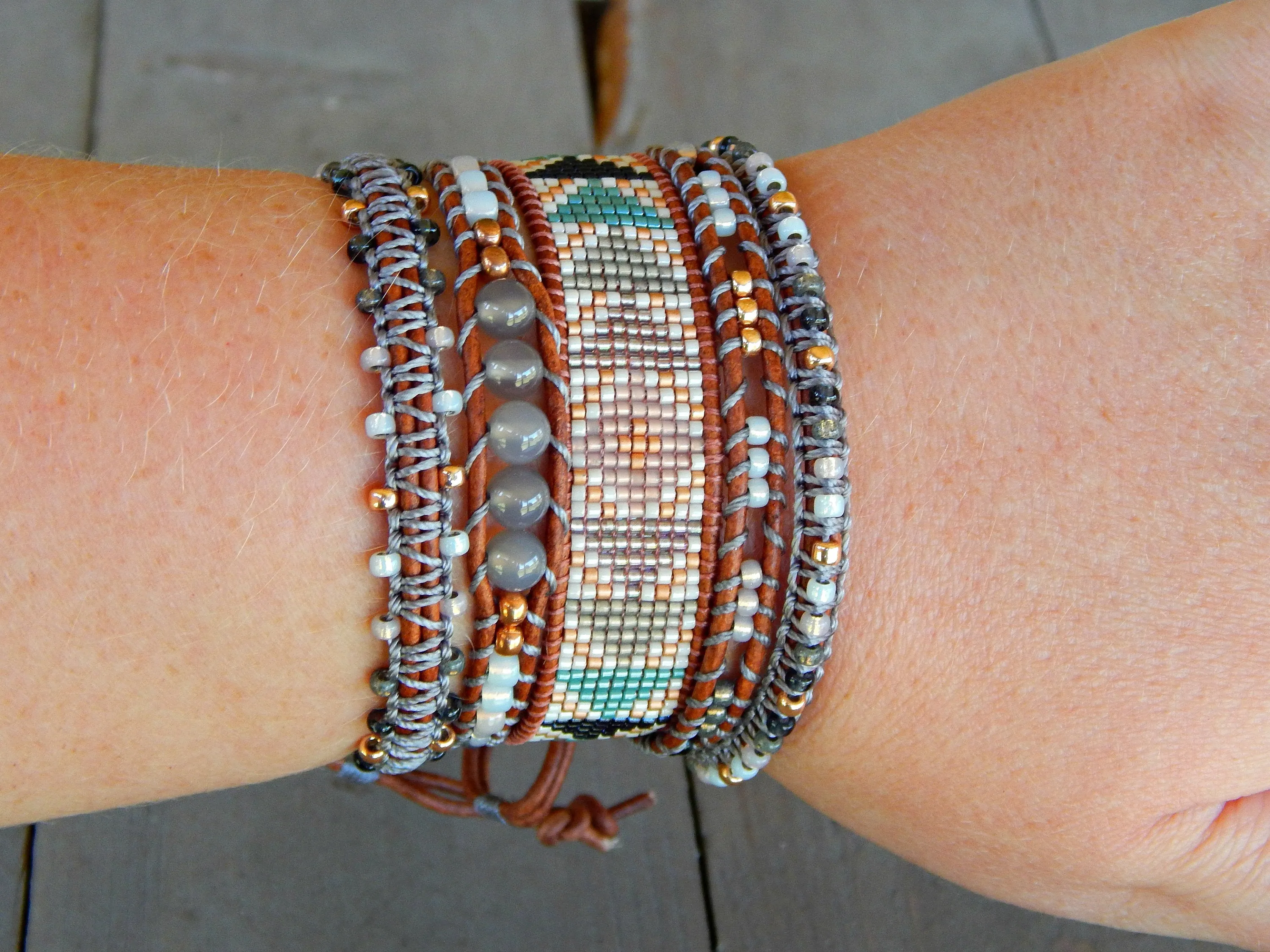 Copper Navy Gray Top Beaded Macrame Woven Leather Stack bracelet