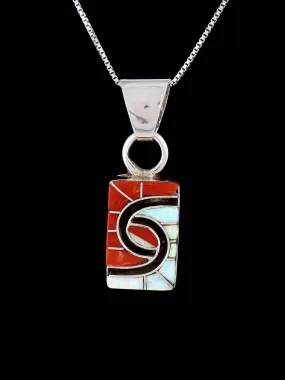 Coral and Opalite Sterling Silver Zuni Inlay Pendant