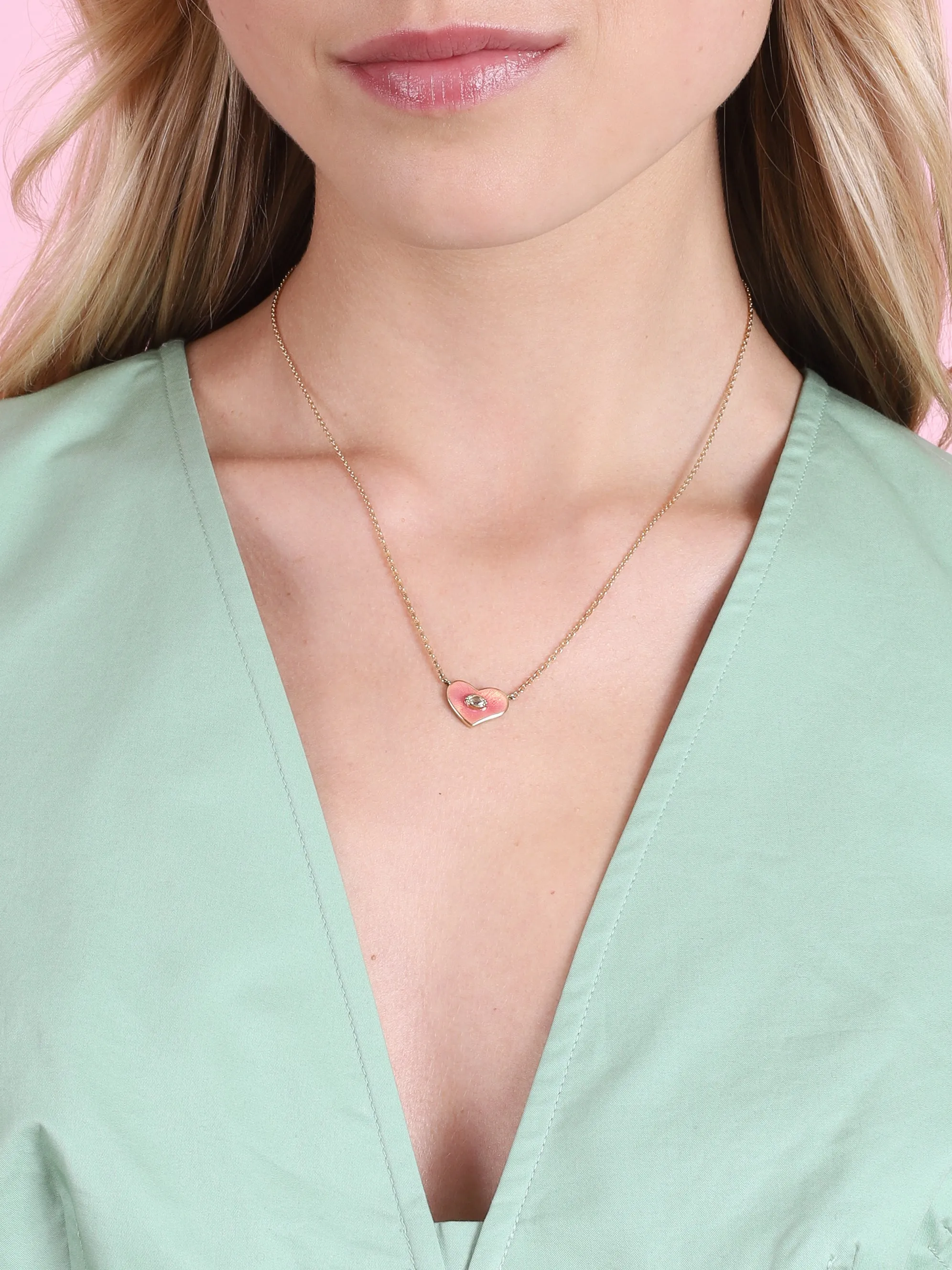 CORAL ENAMEL & DIAMOND HEART NECKLACE