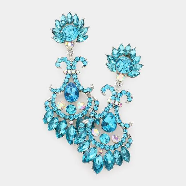 Crystal Aqua Flame Statement Evening Earrings