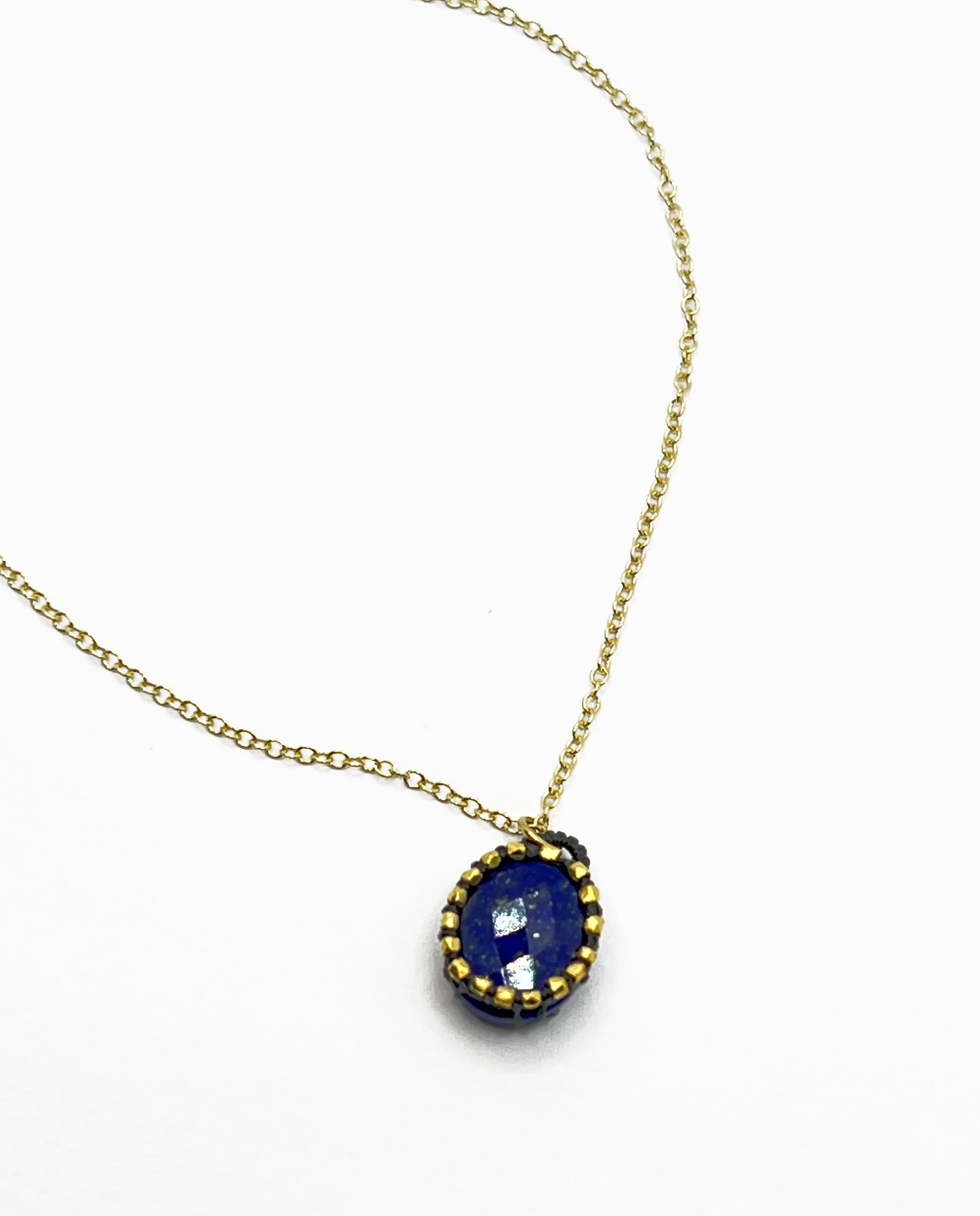 Danielle Welmond | Caged Lapis Oval w/ Navy Cord, 14kt Gold Vermeil Beads on 14kt Gold Vermeil Chain