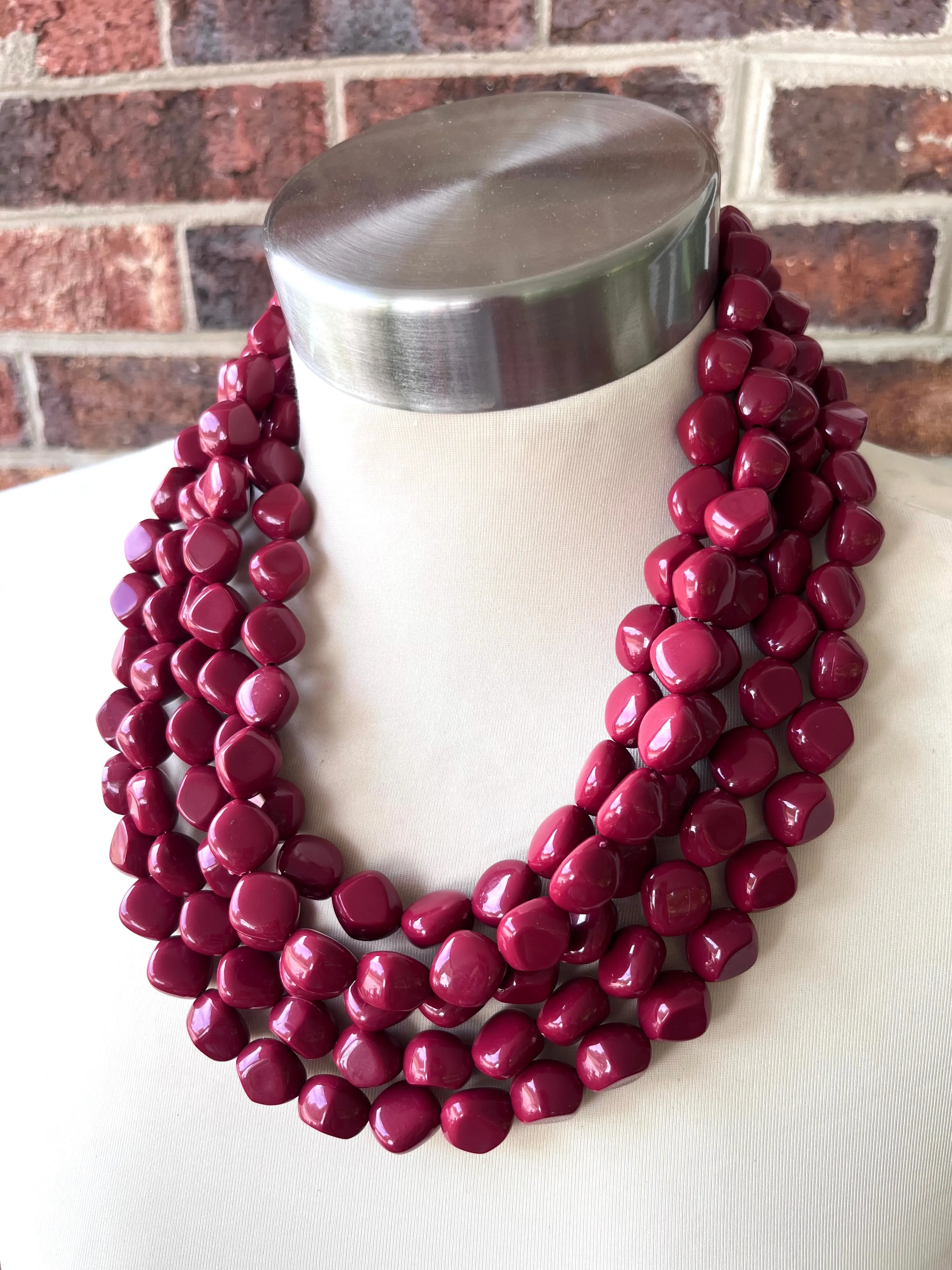 Dark Red Lucite Acrylic Beaded Chunky Multi Strand Statement Necklace - Julianna