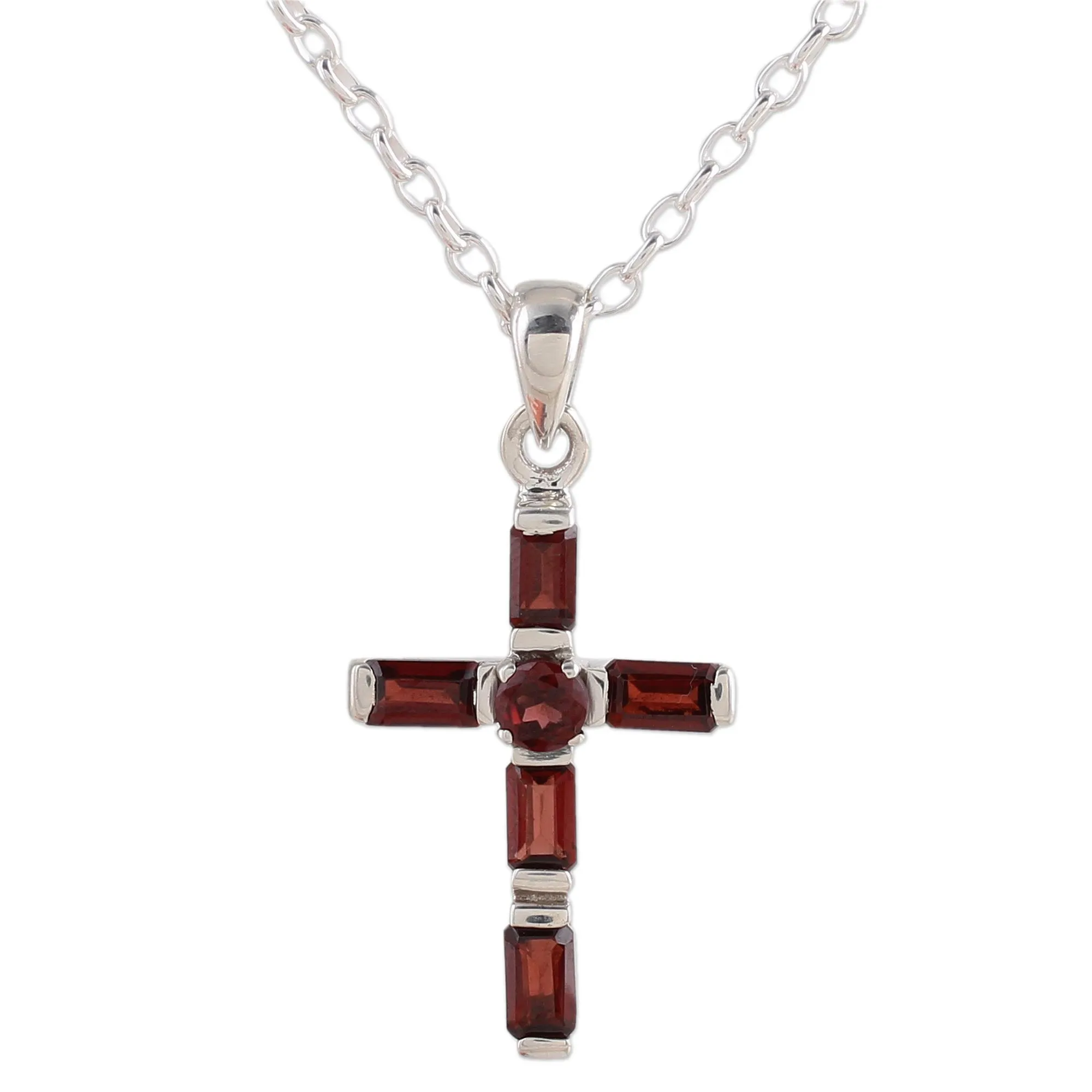 Deep Crimson Cross Garnet & Silver Necklace