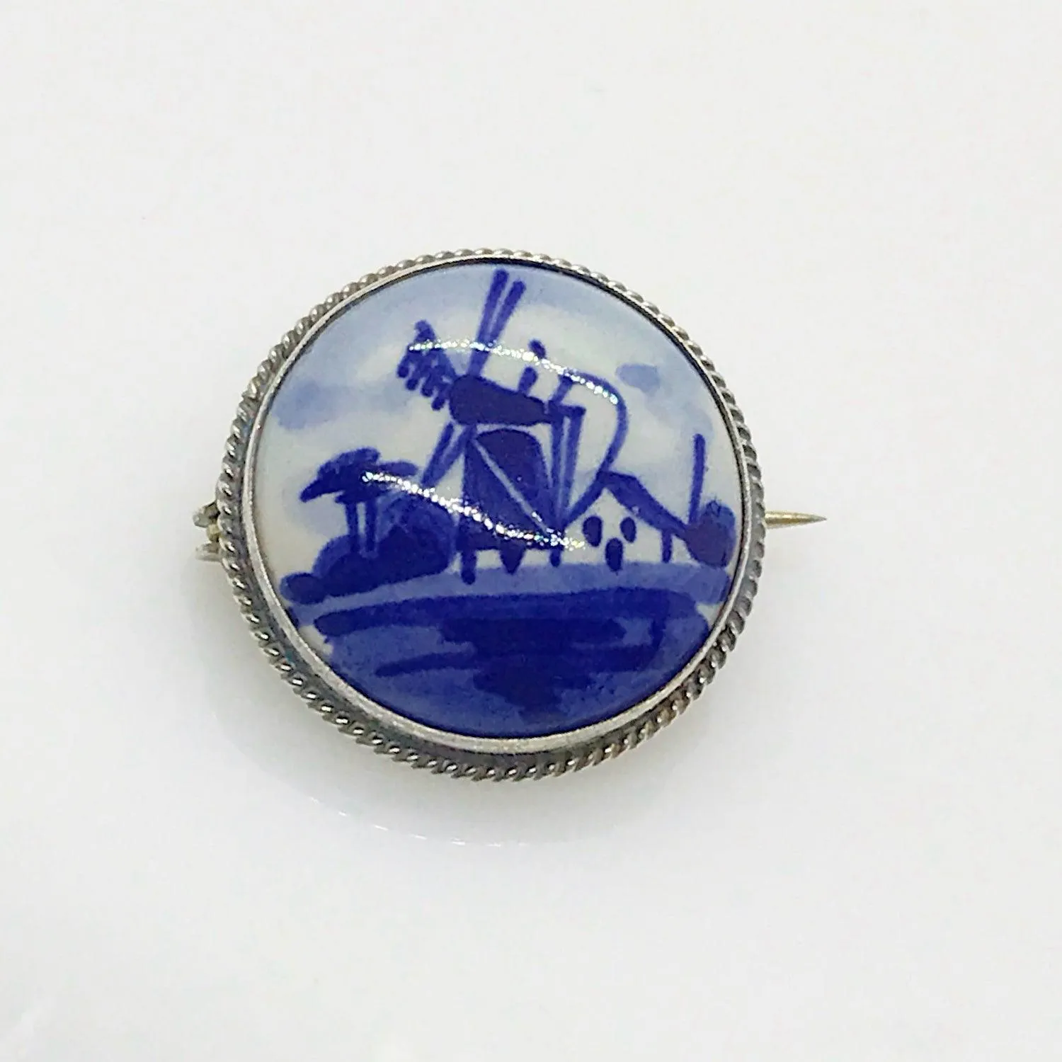 Delft Blue and White Porcelain Round Brooch and Clip Earring Set