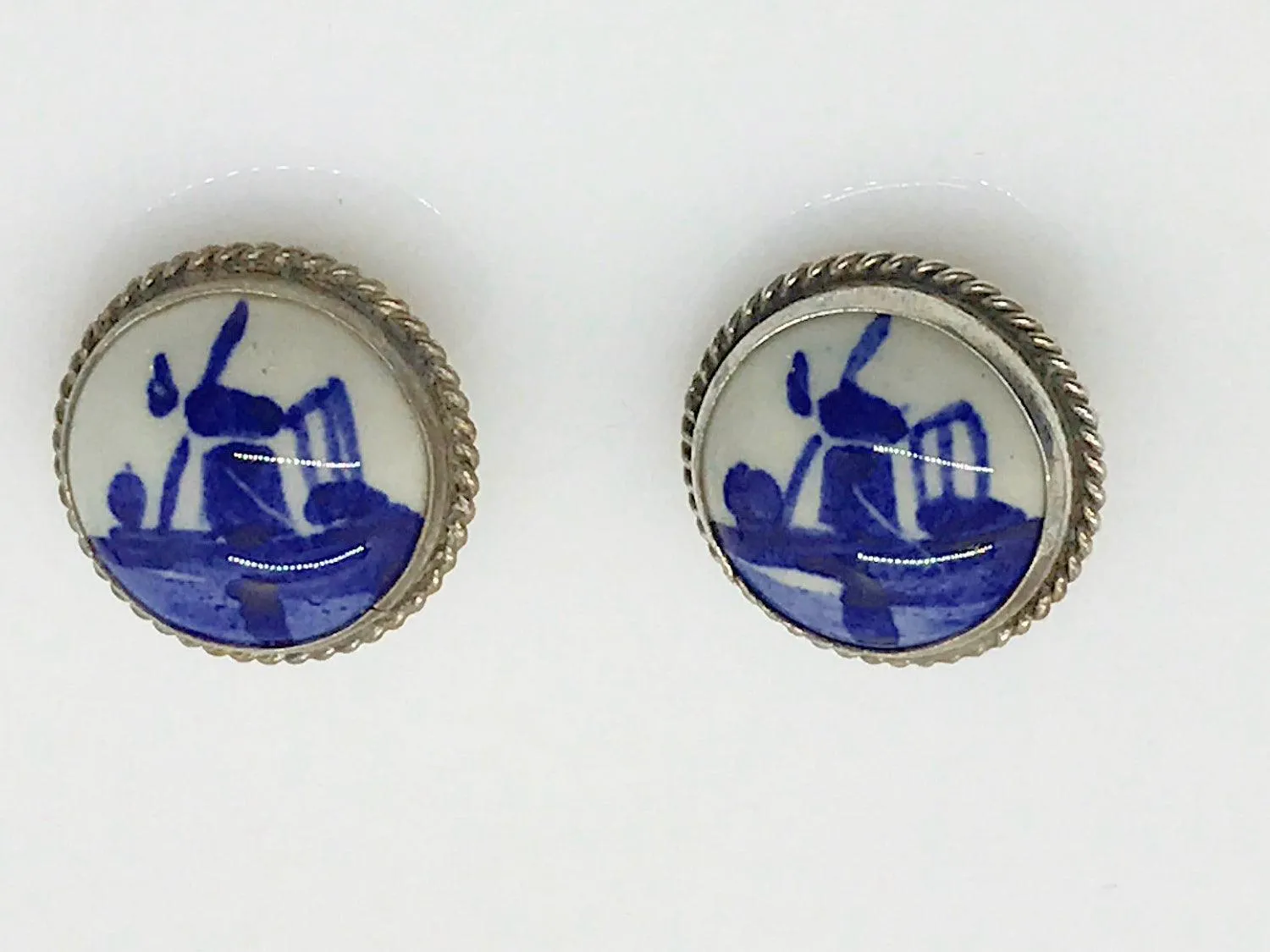 Delft Blue and White Porcelain Round Brooch and Clip Earring Set