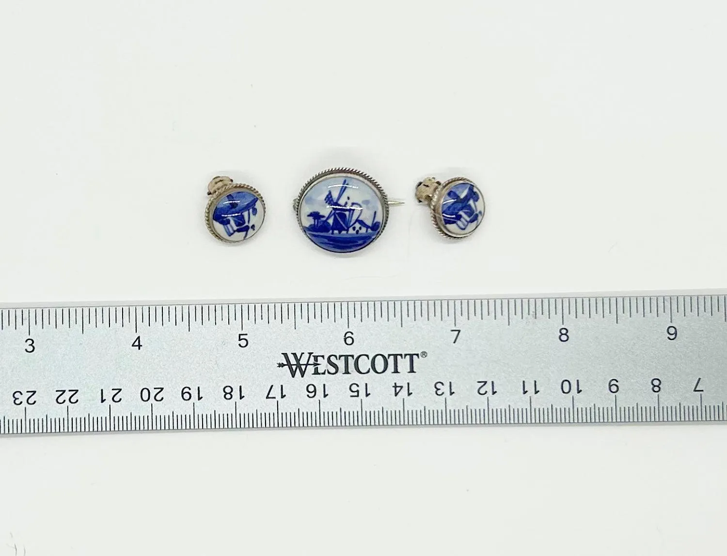 Delft Blue and White Porcelain Round Brooch and Clip Earring Set