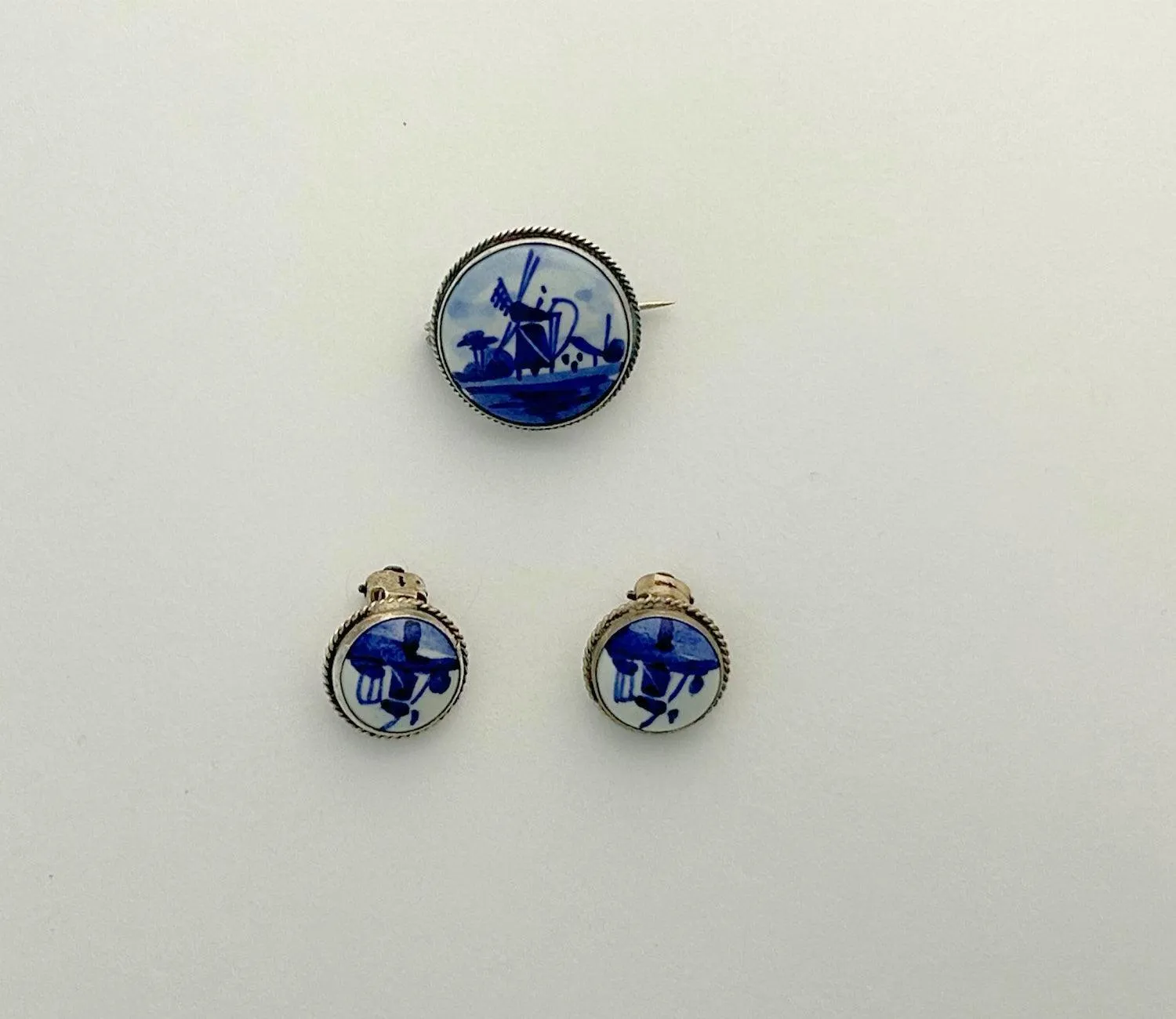 Delft Blue and White Porcelain Round Brooch and Clip Earring Set