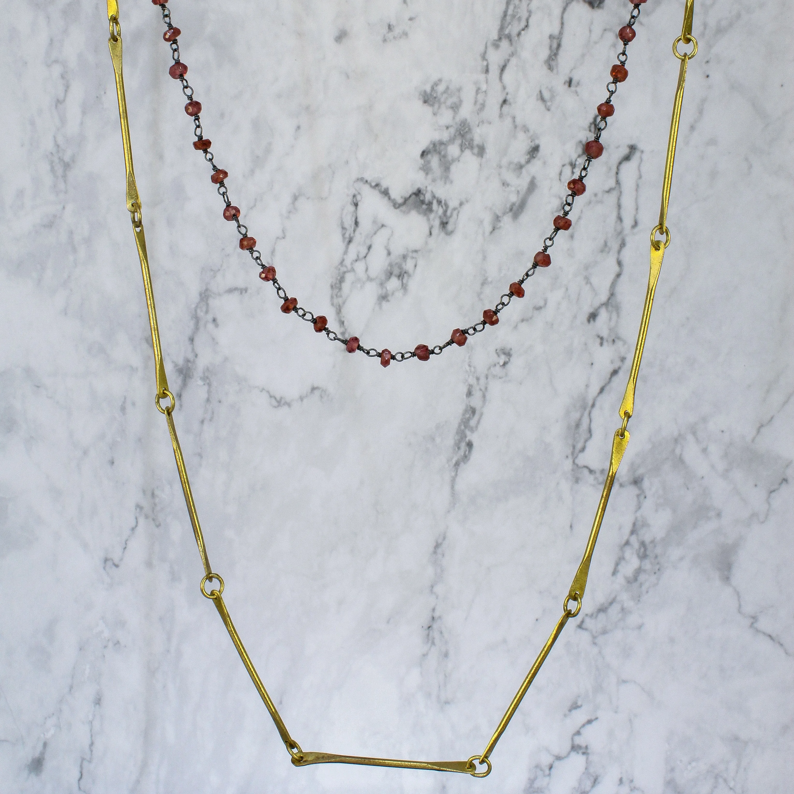 Double Garnets Silver & Brass Necklace by Eric Silva