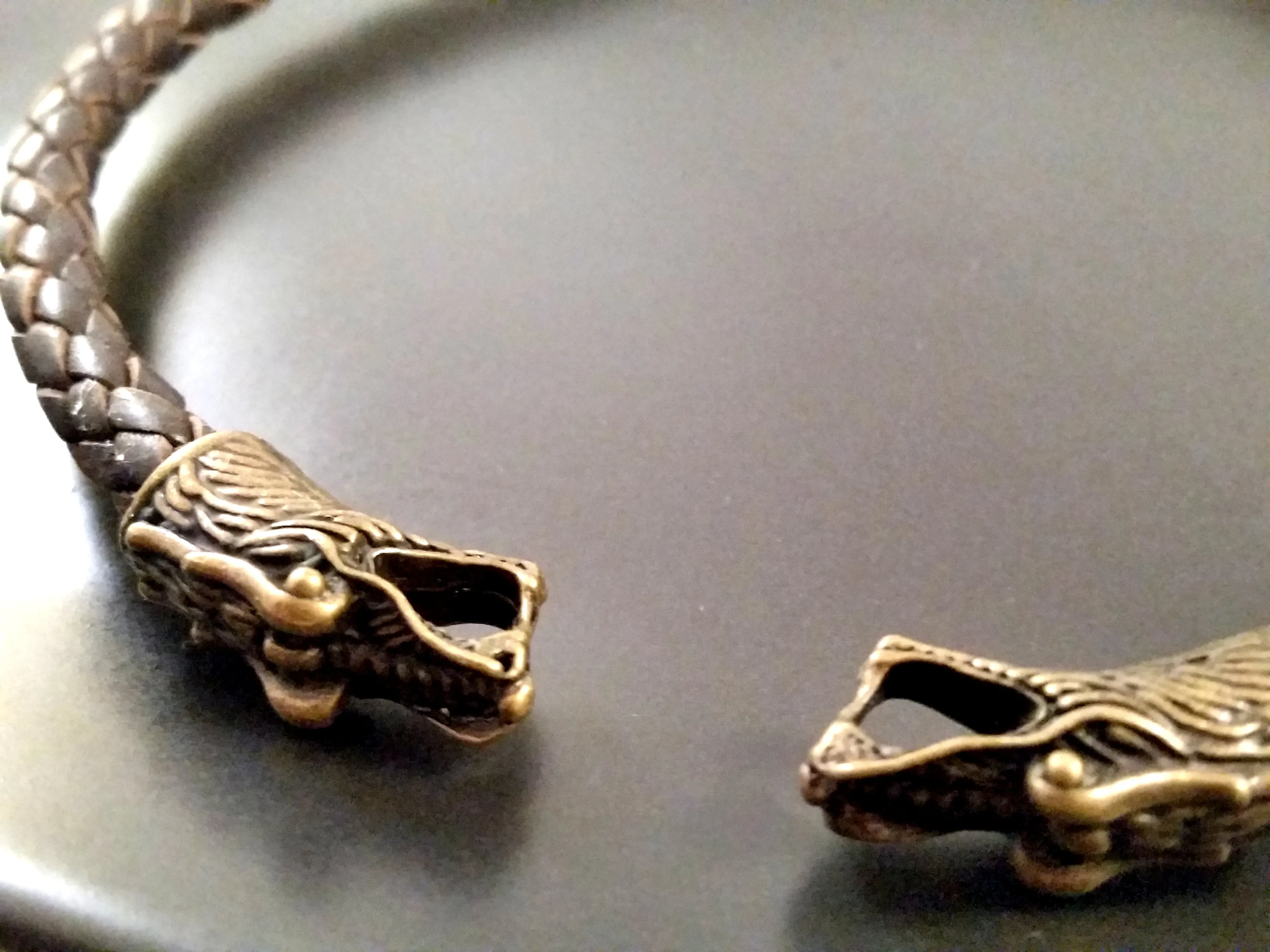 Dragon Torc Necklace Bronze Brown Leather Viking Style