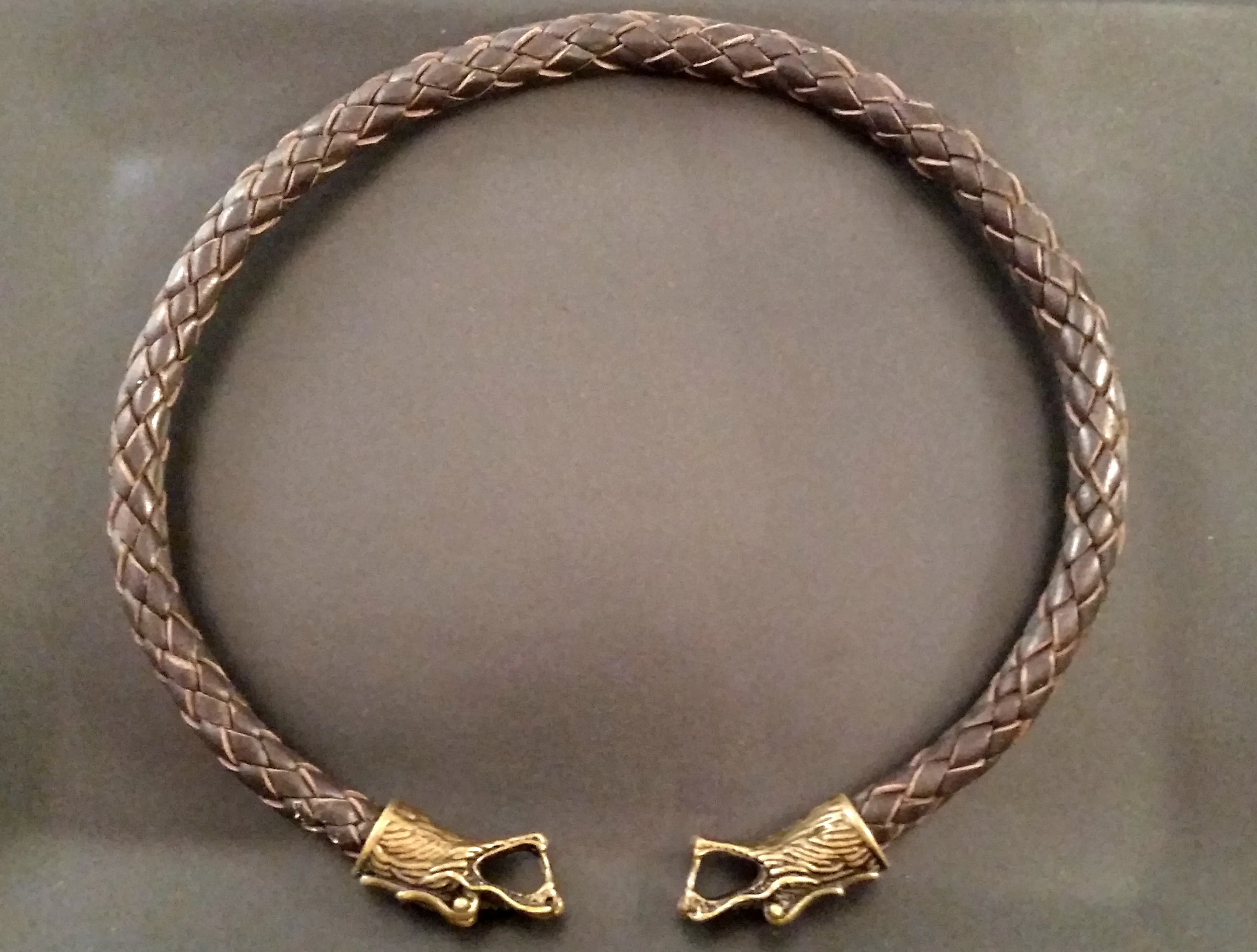 Dragon Torc Necklace Bronze Brown Leather Viking Style