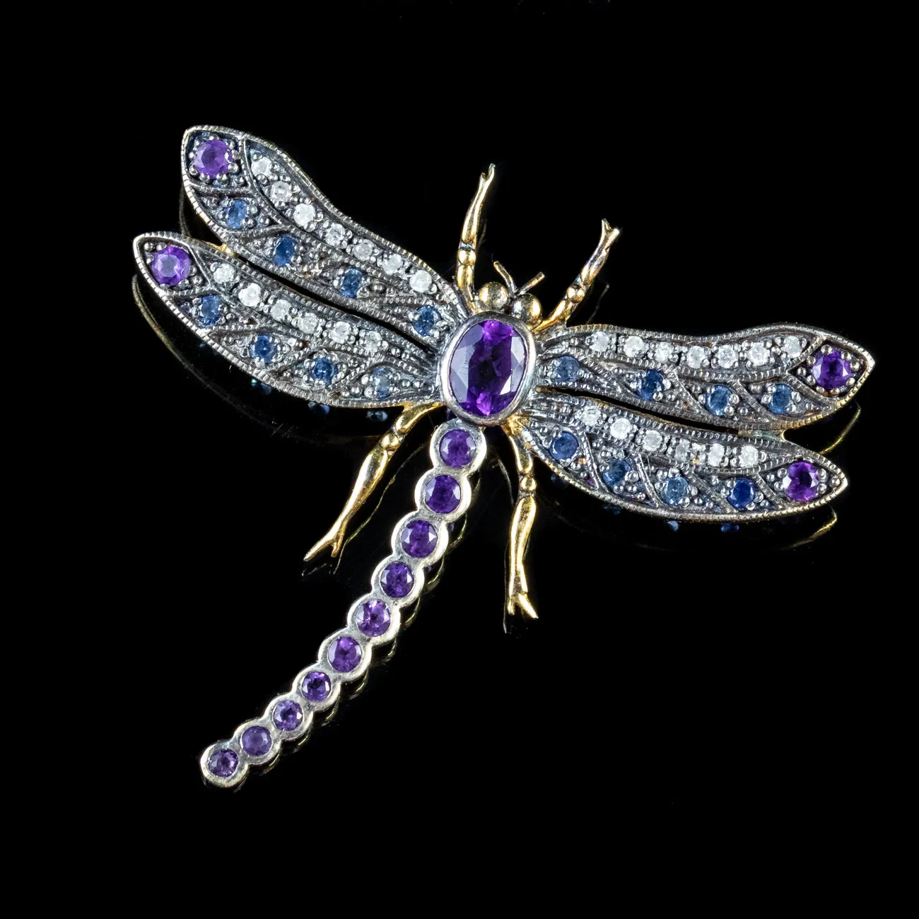 Dragonfly Brooch Amethyst Diamond Sapphire 18Ct Gold On Silver