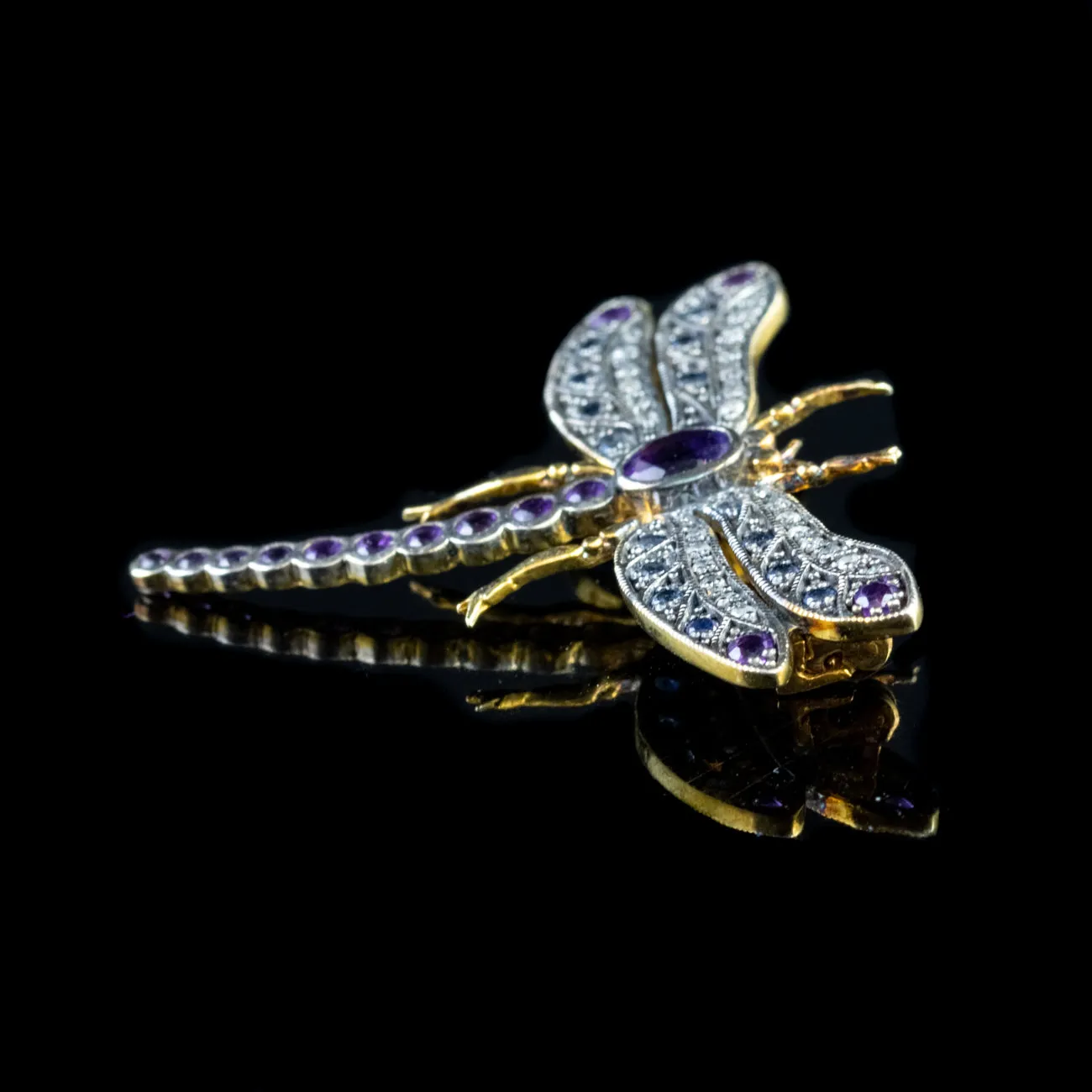 Dragonfly Brooch Amethyst Diamond Sapphire 18Ct Gold On Silver