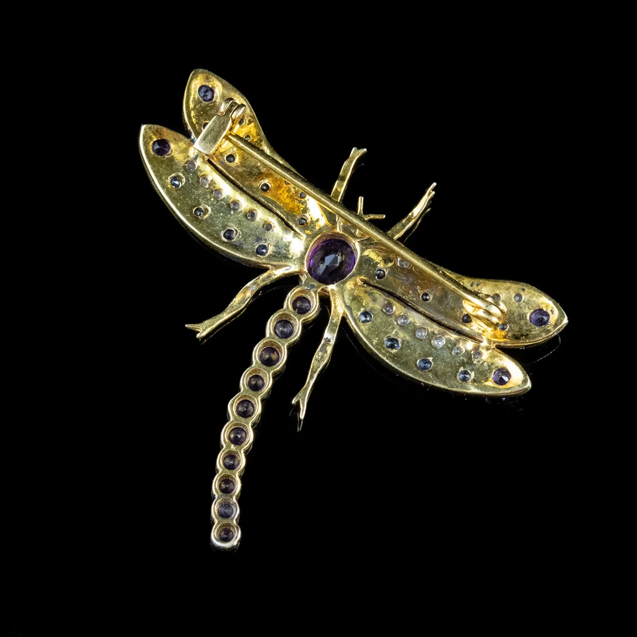 Dragonfly Brooch Amethyst Diamond Sapphire 18Ct Gold On Silver