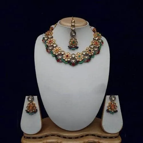 Drop Flower Dual Tonned Necklace Earring And Teeka Set