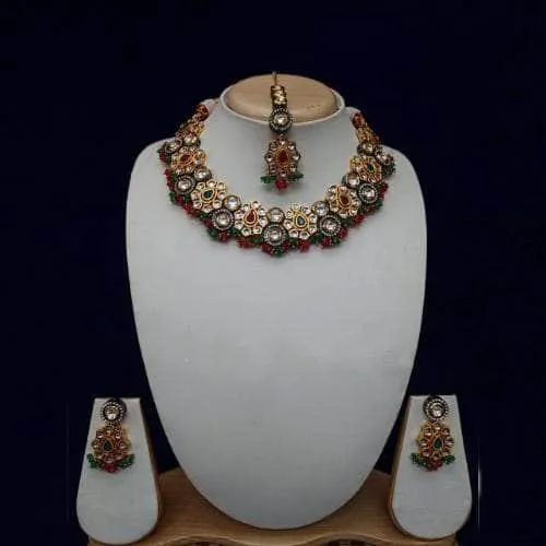 Drop Flower Dual Tonned Necklace Earring And Teeka Set