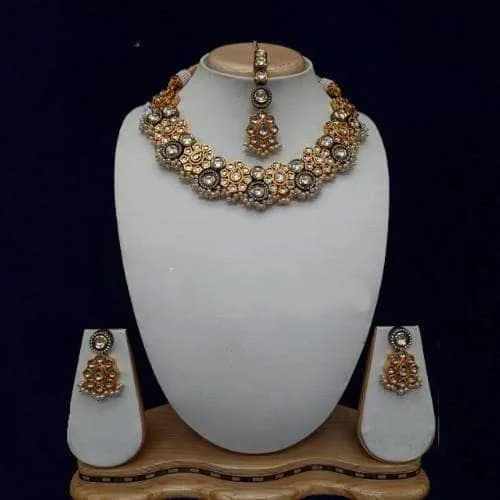 Drop Flower Dual Tonned Necklace Earring And Teeka Set