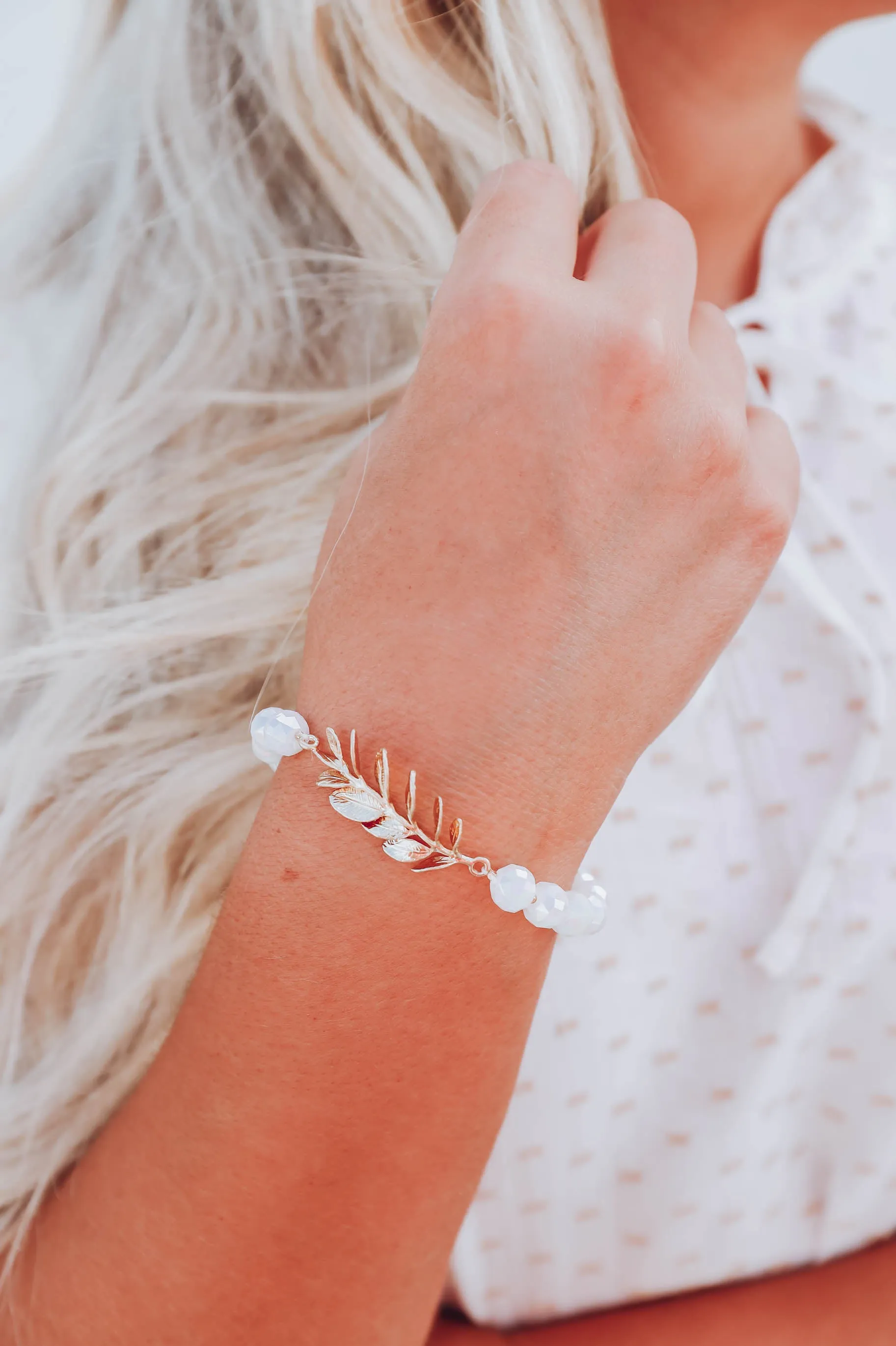 Eden Leaf Beaded Bracelet - White