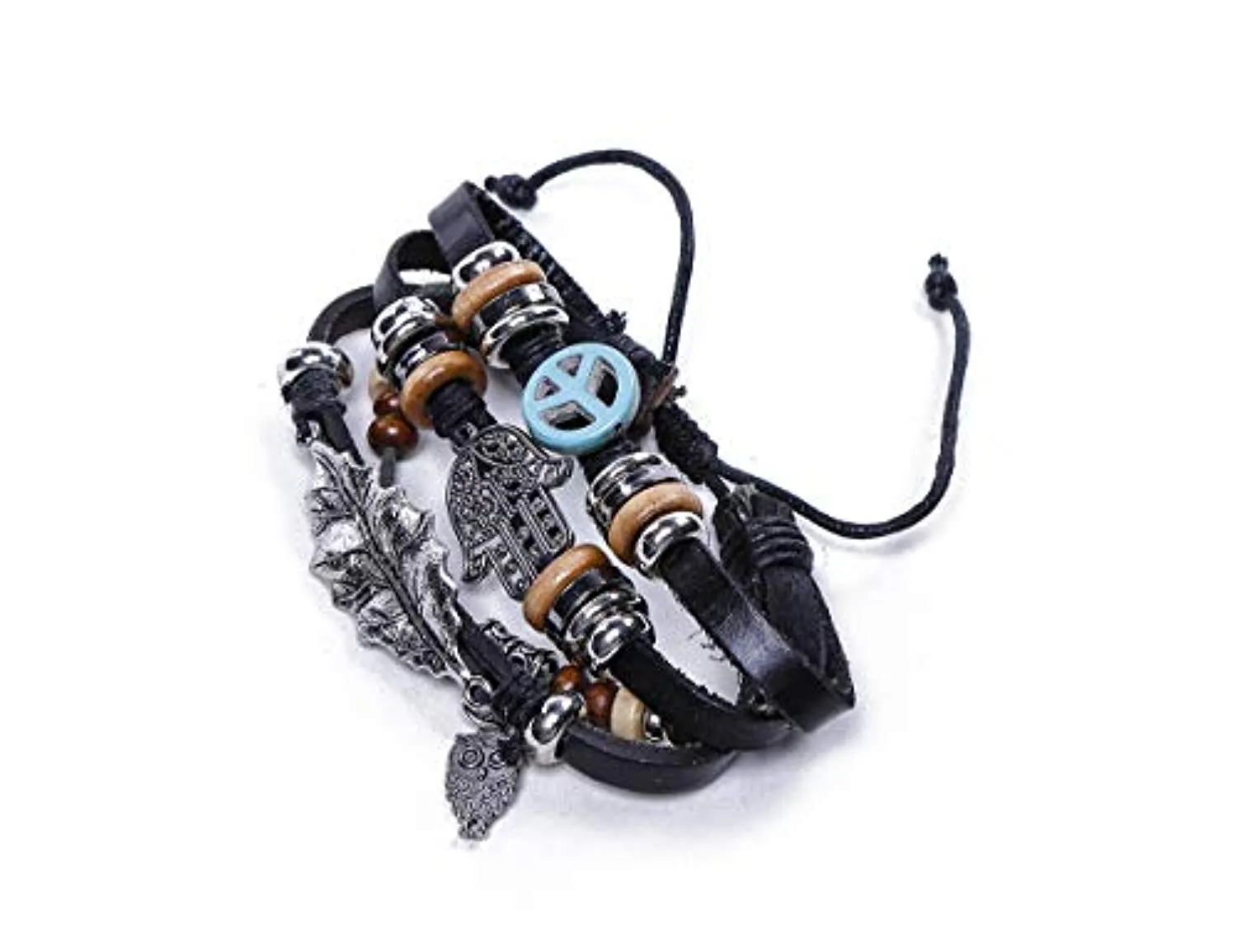 Electomania Black Leather Multilayer Hand Peace Owl Leaf Charm Bracelet for Men and Women