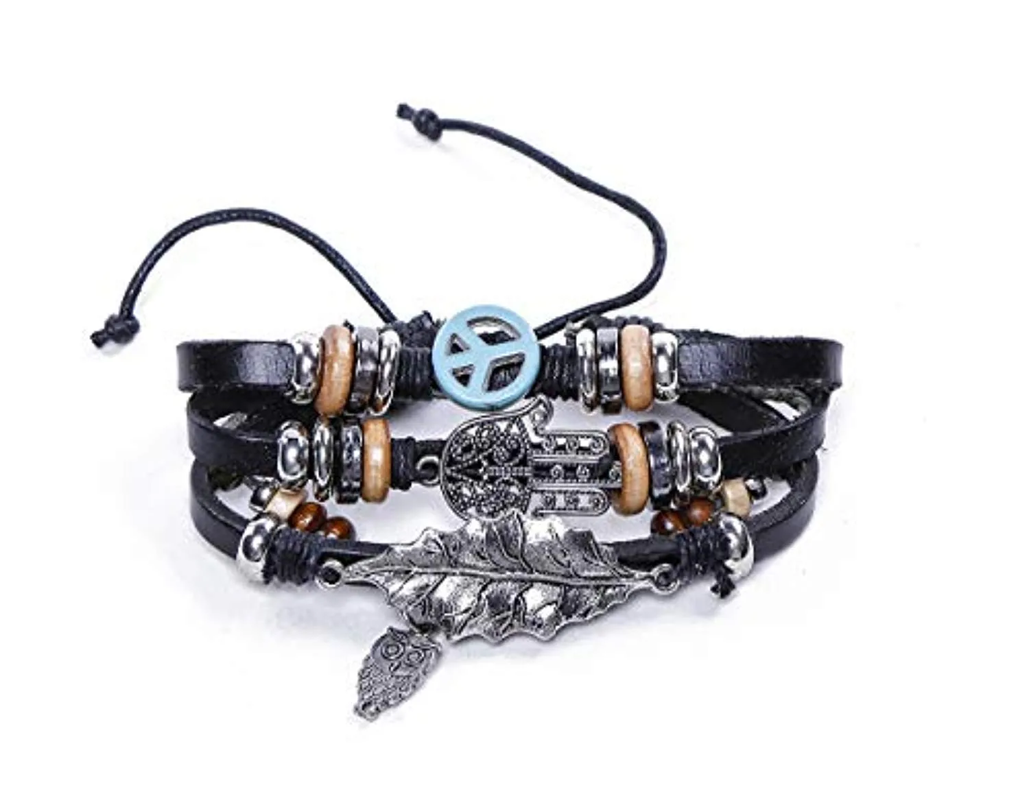 Electomania Black Leather Multilayer Hand Peace Owl Leaf Charm Bracelet for Men and Women