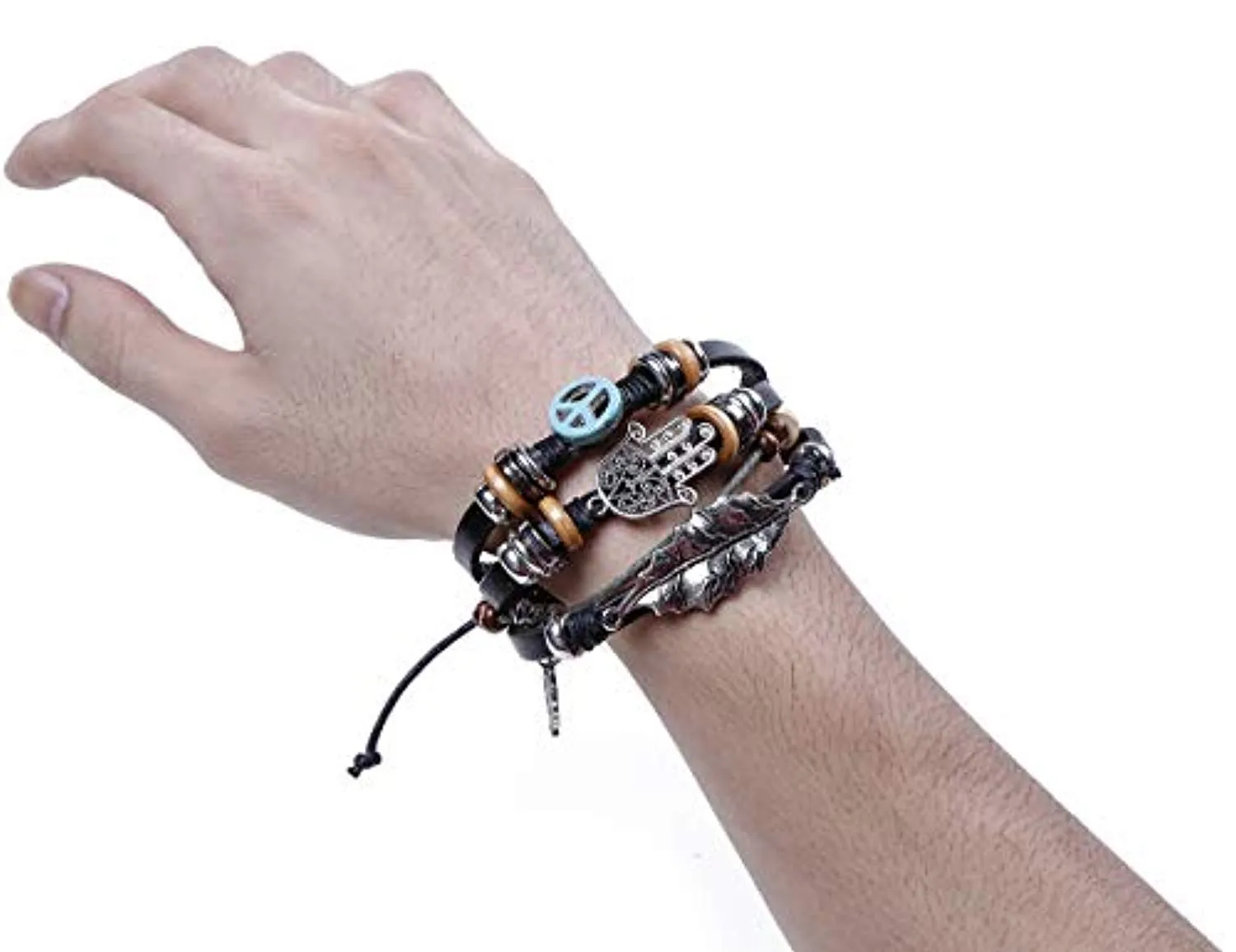 Electomania Black Leather Multilayer Hand Peace Owl Leaf Charm Bracelet for Men and Women