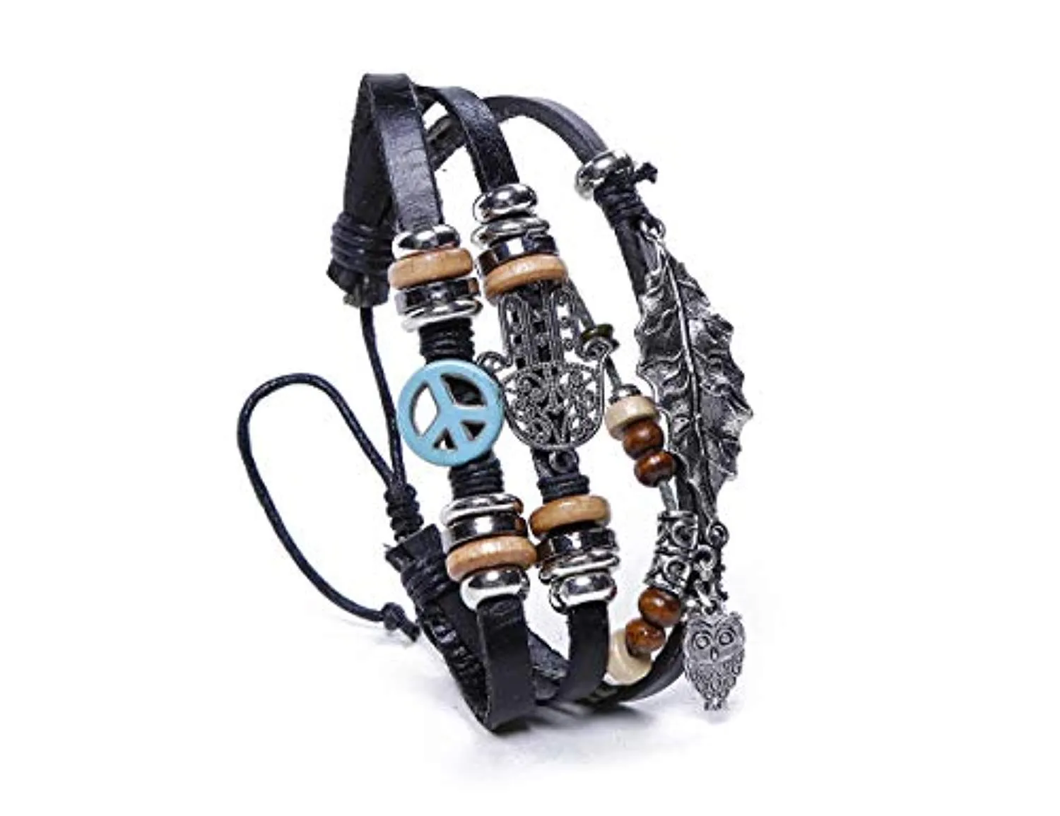 Electomania Black Leather Multilayer Hand Peace Owl Leaf Charm Bracelet for Men and Women