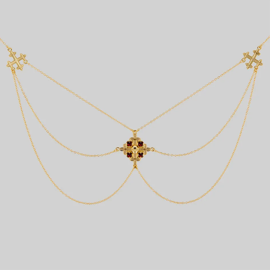 ELVIRA. Medieval Cross Garnet Necklace  - Gold