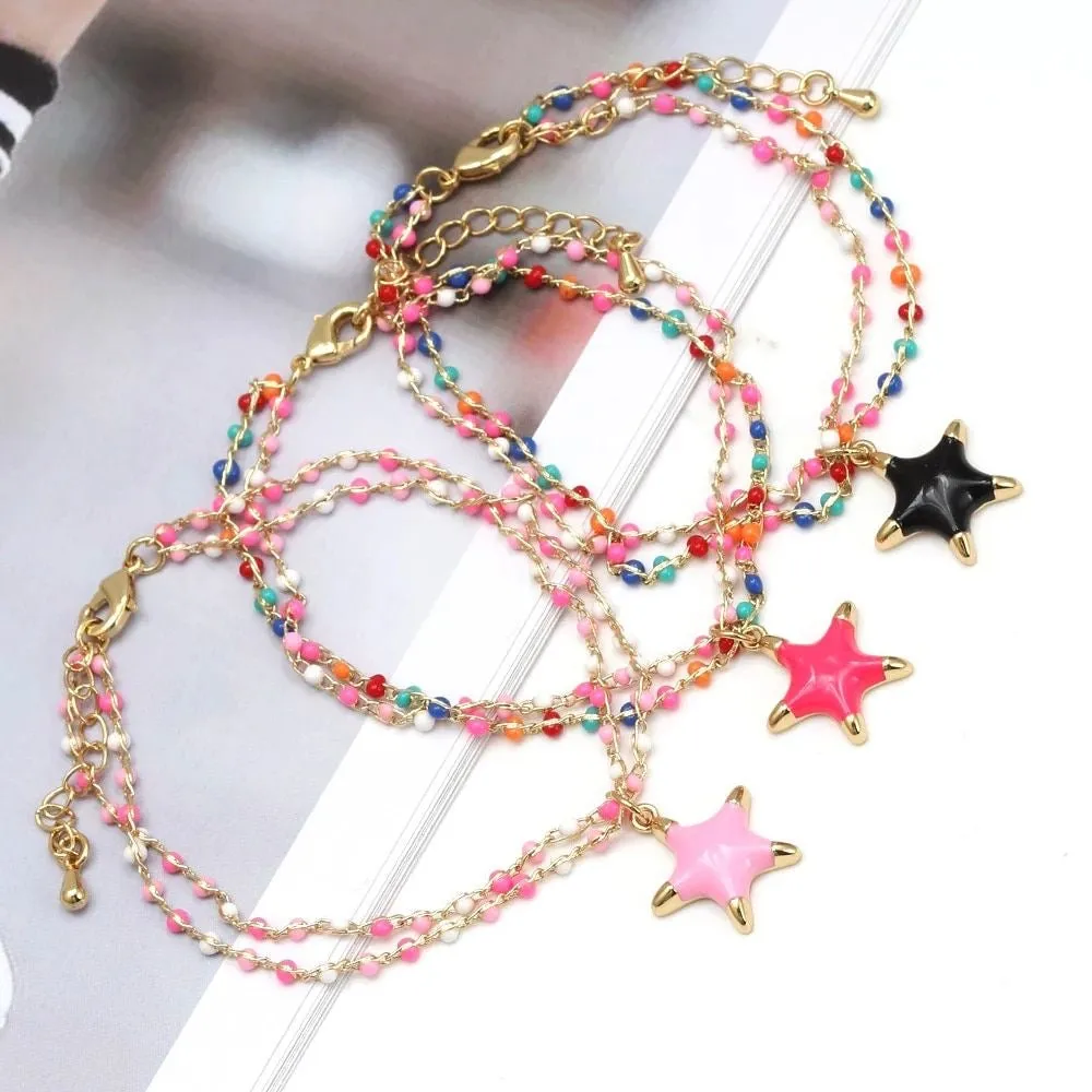 Enamel Star Charm Pendant Bracelet Pink