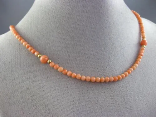 ESTATE EXTRA LONG AAA CORAL 14KT YELLOW GOLD 3D CLASSIC BEAD FUN NECKLACE #26038