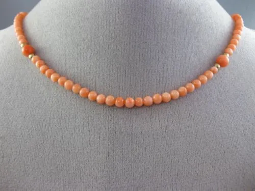 ESTATE EXTRA LONG AAA CORAL 14KT YELLOW GOLD 3D CLASSIC BEAD FUN NECKLACE #26038