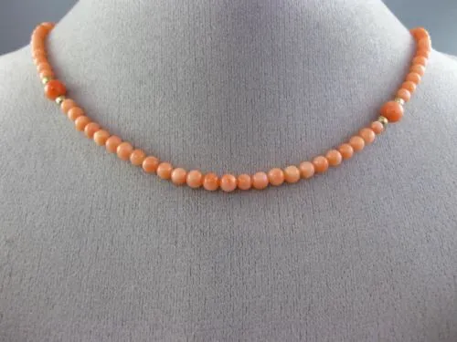 ESTATE EXTRA LONG AAA CORAL 14KT YELLOW GOLD 3D CLASSIC BEAD FUN NECKLACE #26038