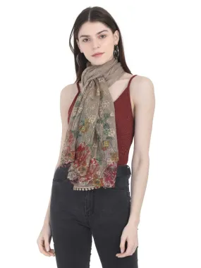 FabSeasons Brown Cotton Stylish Scarf with Floral Embroidery for Women