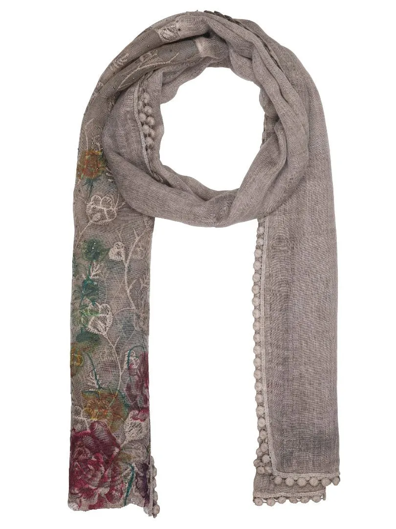 FabSeasons Brown Cotton Stylish Scarf with Floral Embroidery for Women