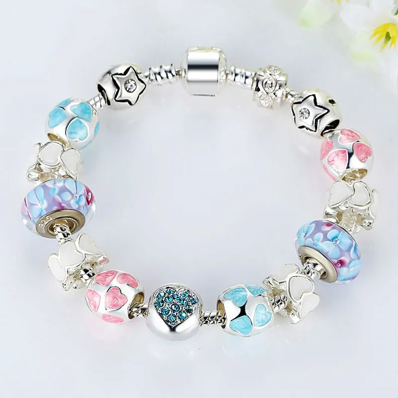 Fashion 925 Silver Heart Start Crystals "LOVE" Colorful Girl Murano Beads Bracelet for New Year Gift