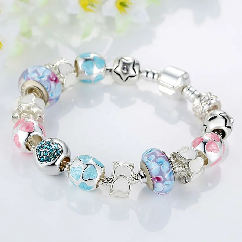 Fashion 925 Silver Heart Start Crystals "LOVE" Colorful Girl Murano Beads Bracelet for New Year Gift