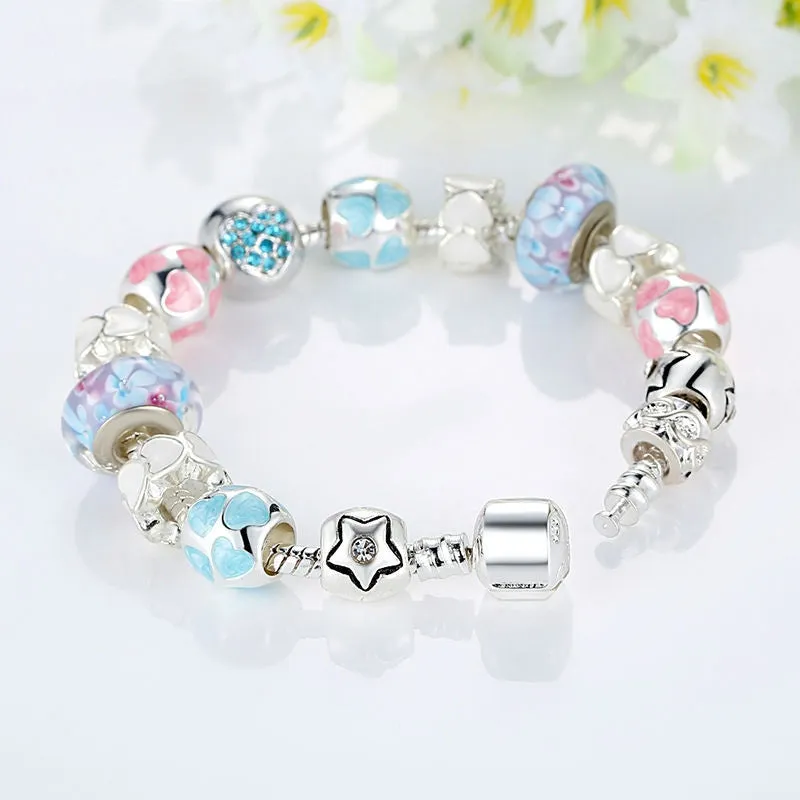 Fashion 925 Silver Heart Start Crystals "LOVE" Colorful Girl Murano Beads Bracelet for New Year Gift