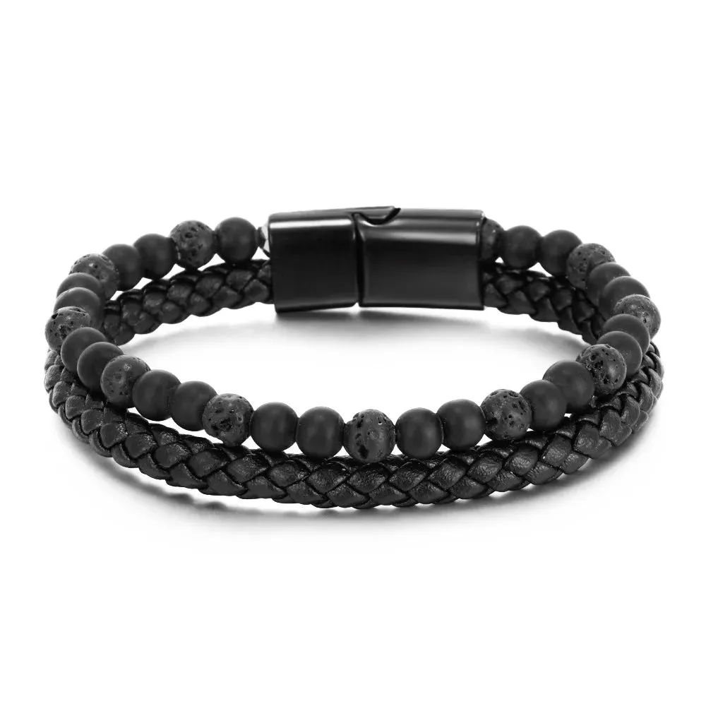 Fashion Black Leather Beaded Bracelet for Men Charm Magnetic Braided Punk Rock Man Cuff Bracelets Men Pulseira Masculina