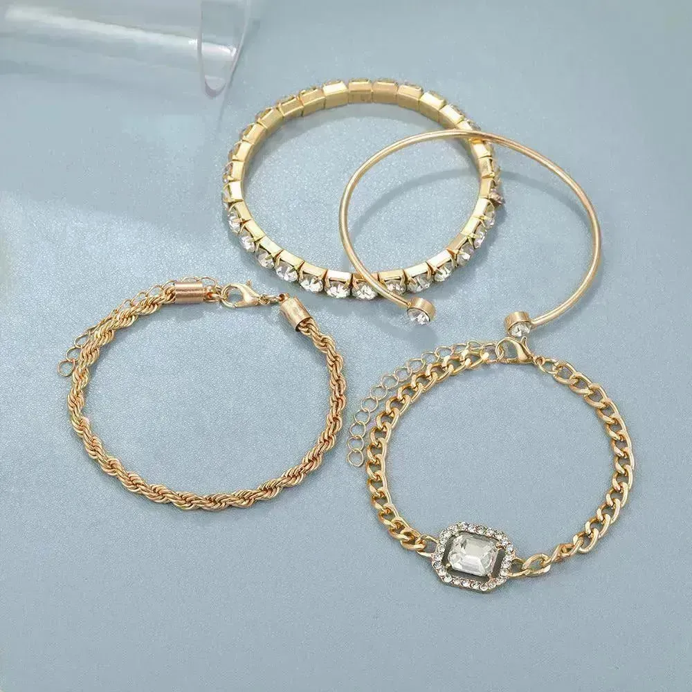 Fashion Jewelry 4 Pcs Crystal Bracelet Set Bohemian Design For Women Vintage Luxury Twisted Cuff Chains Armband Jewelry Accessories