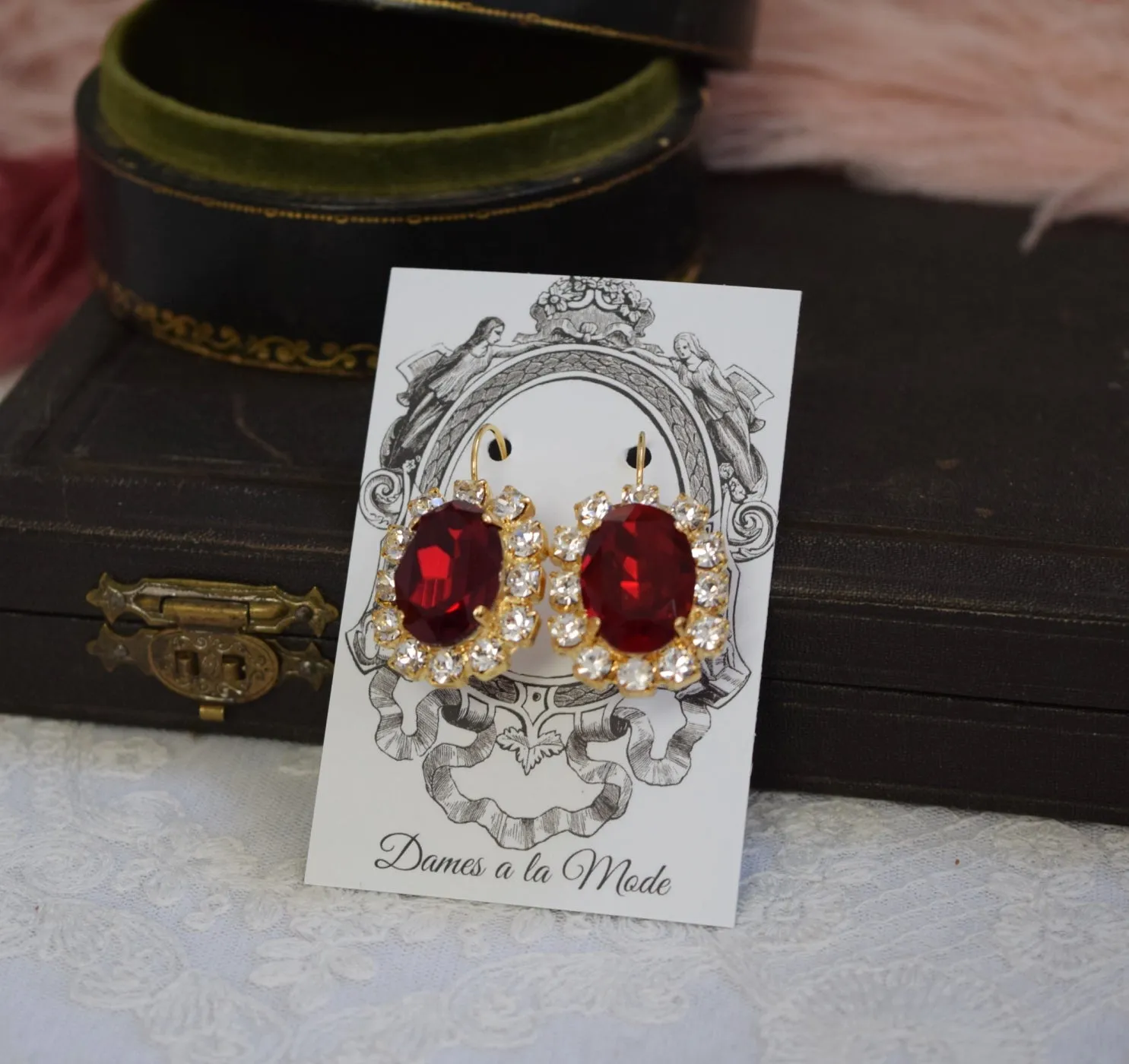 Garnet Aurora Crystal Halo Earrings - Large Oval