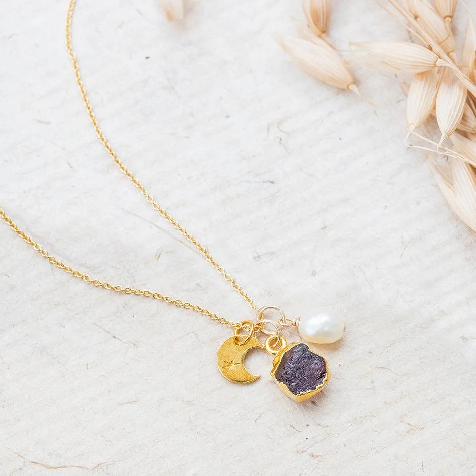 Garnet Crescent Moon Charm Necklace (January Birthstone)