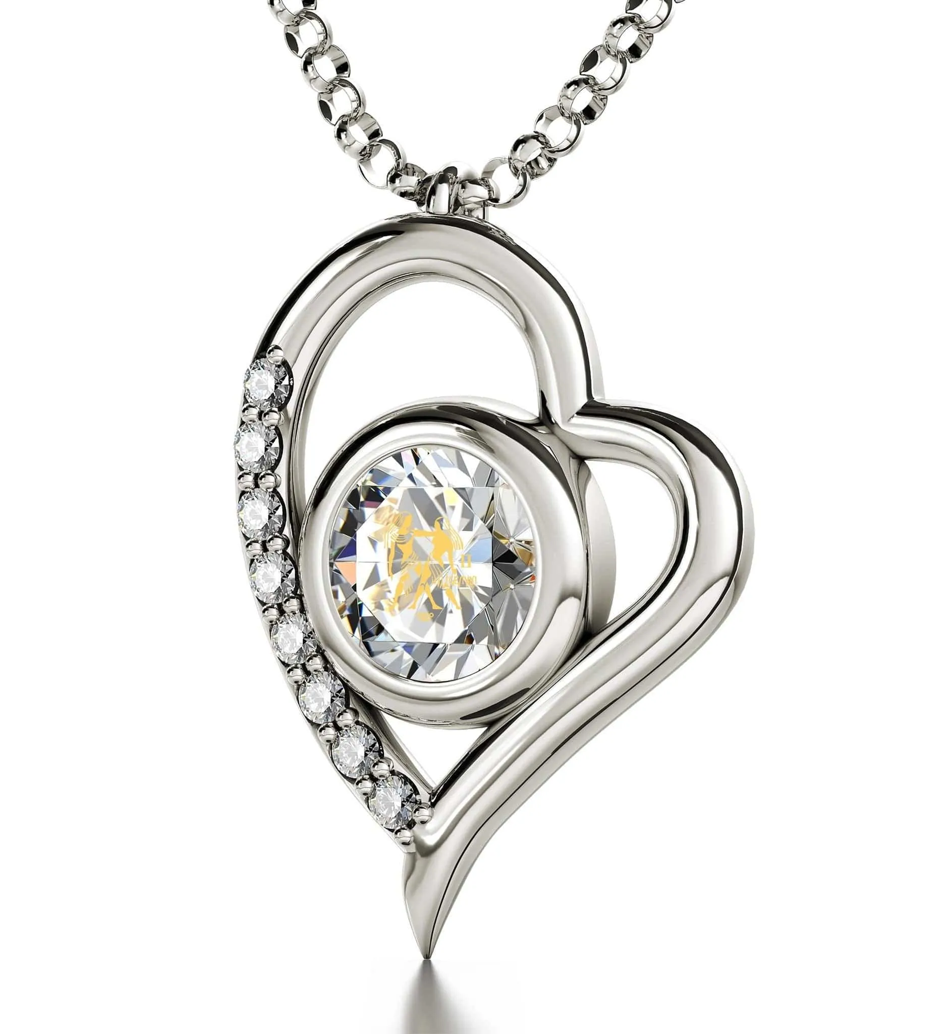 Gemini Sign, 14k White Gold Diamonds Necklace, Swarovski