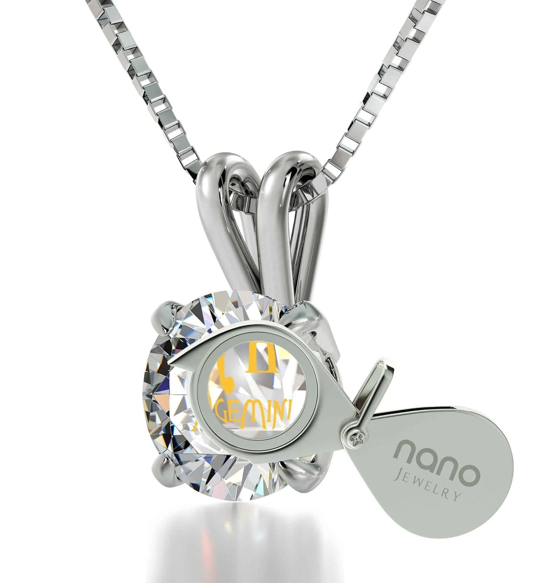 Gemini Sign, 14k White Gold Necklace, Swarovski