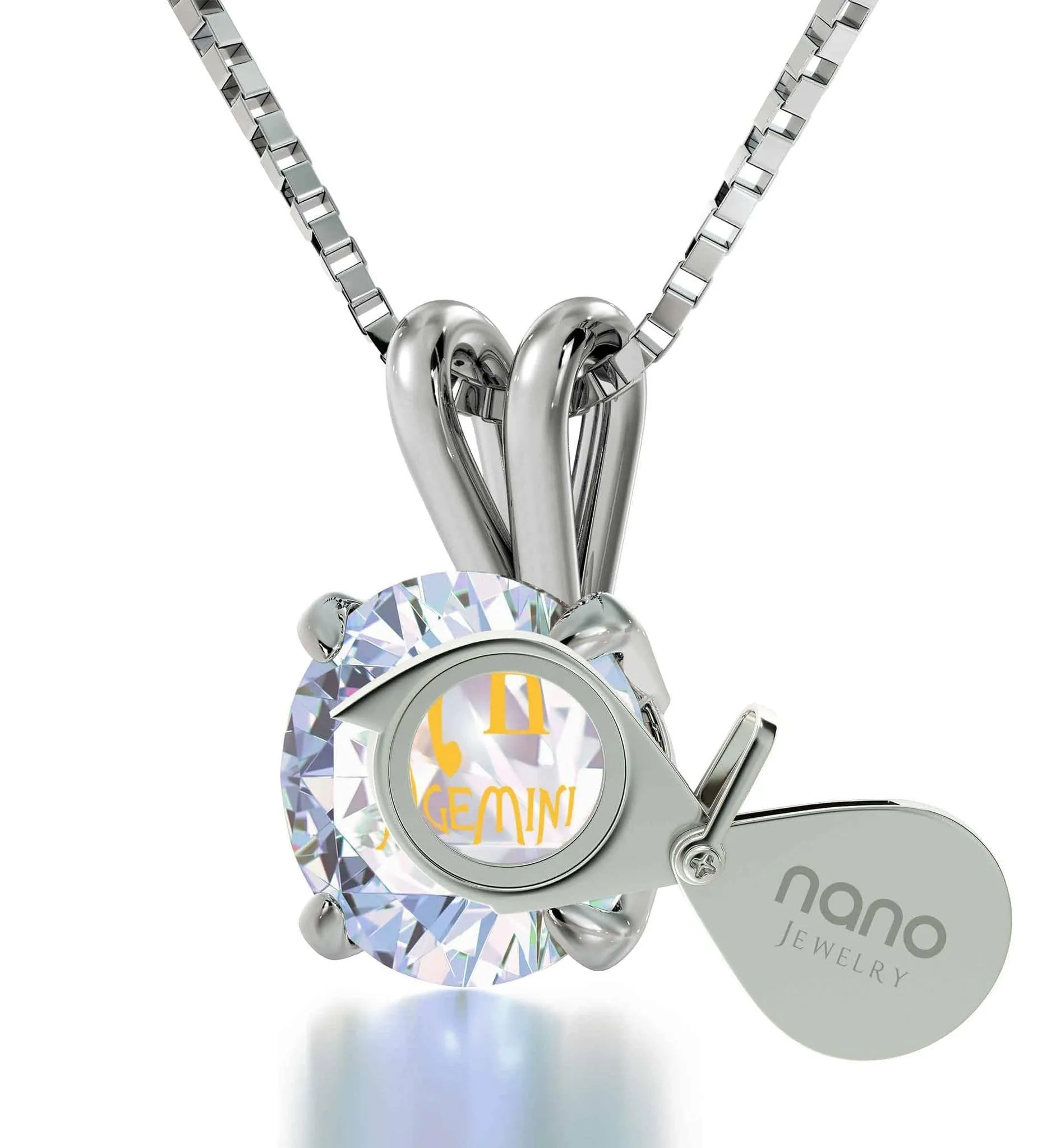 Gemini Sign, 14k White Gold Necklace, Swarovski