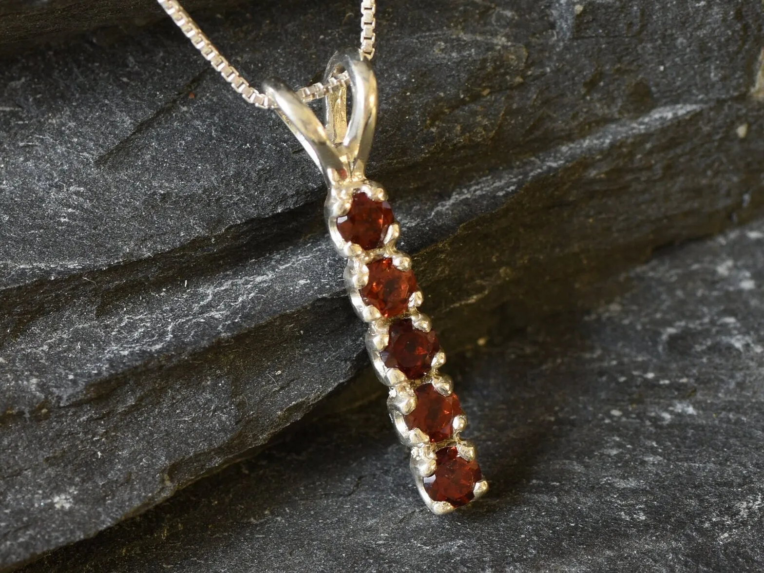 Genuine Garnet Pendant - Red Bar Necklace - Vintage Drop Necklace