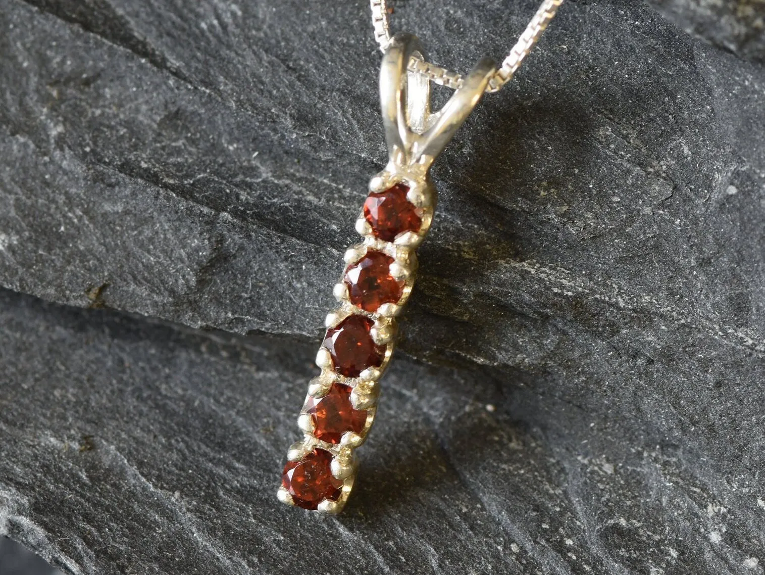 Genuine Garnet Pendant - Red Bar Necklace - Vintage Drop Necklace