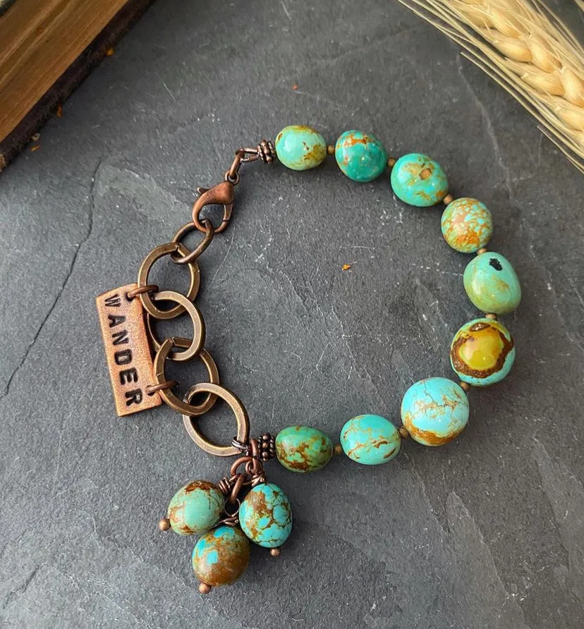 Genuine turquoise stone, large chain, wander charm, bracelet