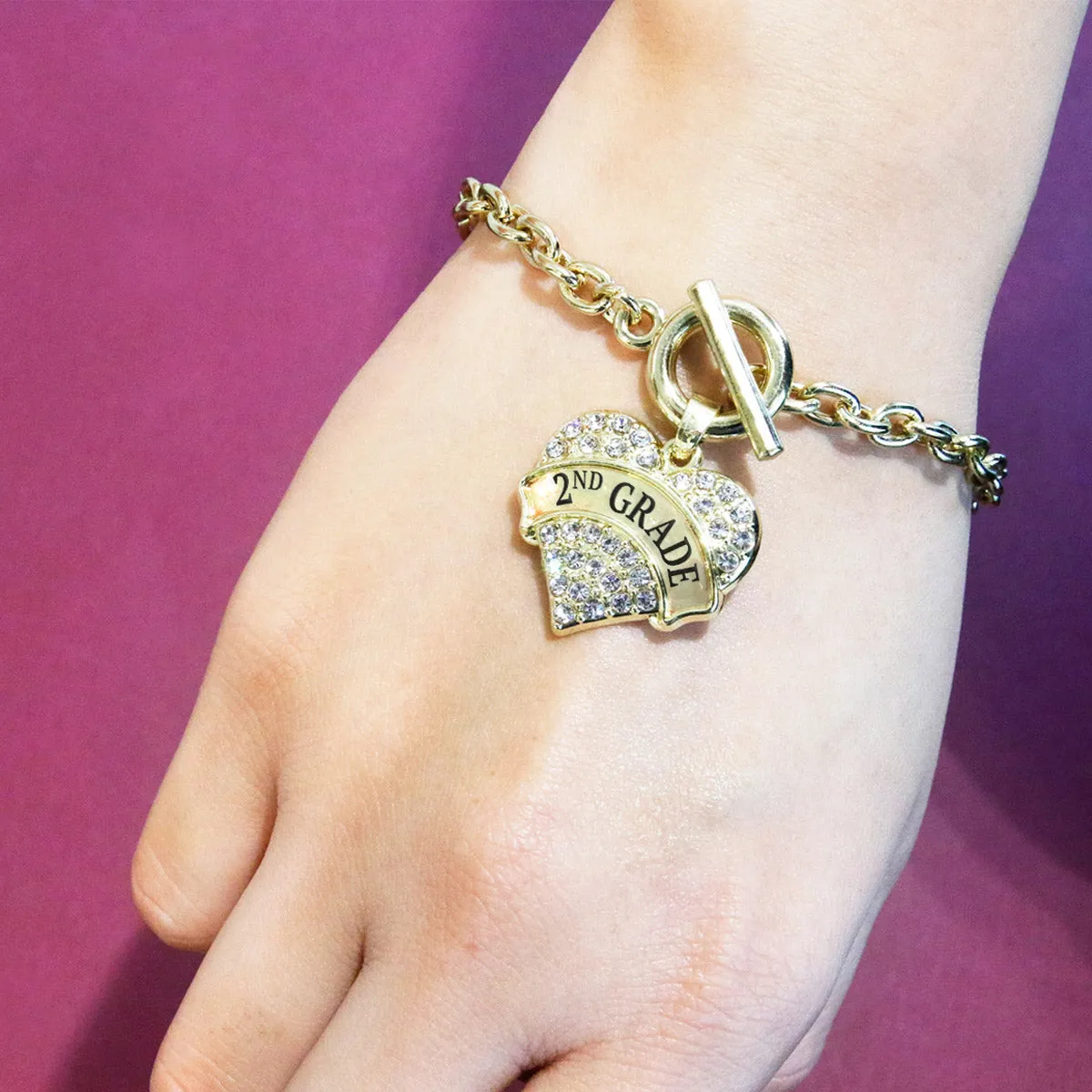 Gold 2nd Grade Pave Heart Charm Toggle Bracelet